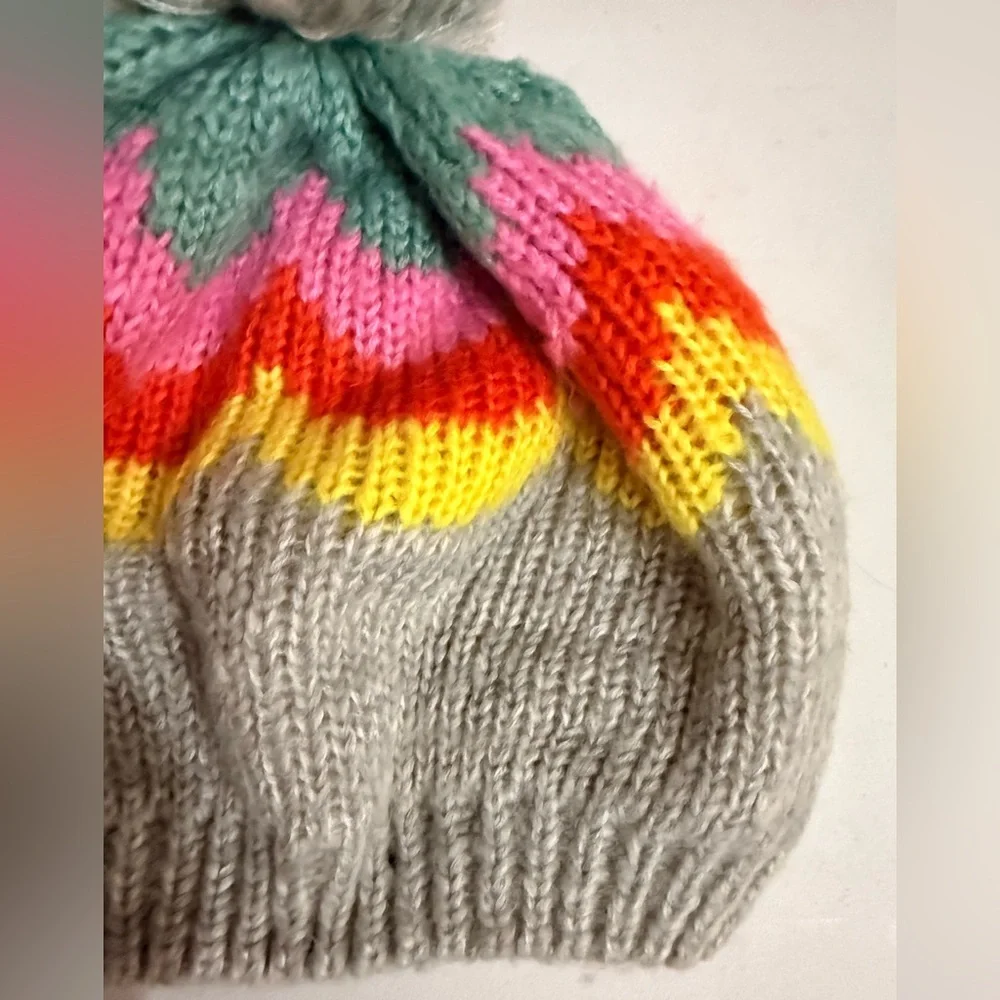 Mini Boden Gray Knit Hat with Pink, Red, Yellow, and Green Accents. Size XS